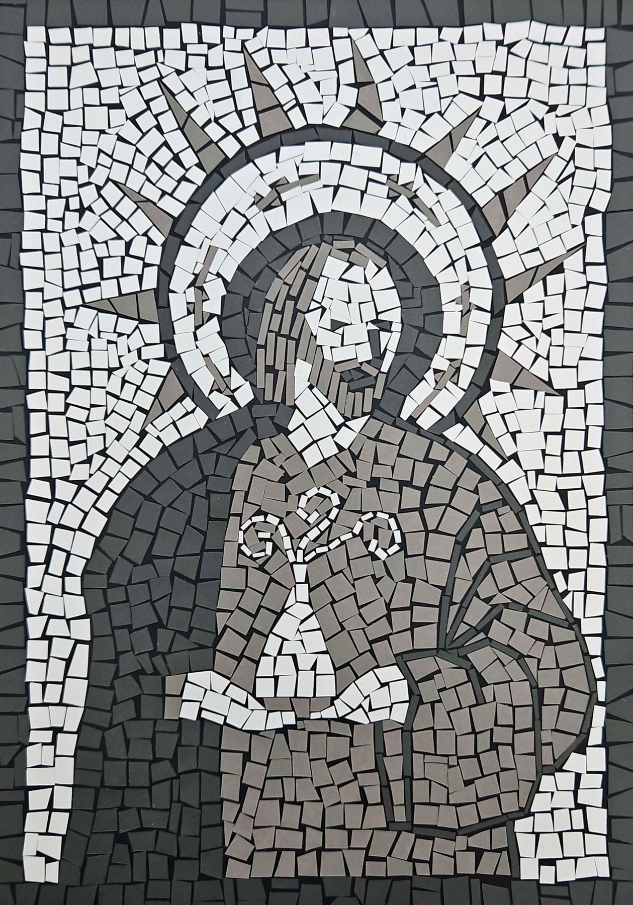 Hand-cut paper mosaic of a hooded devotional figure with a halo, in black, white and grey