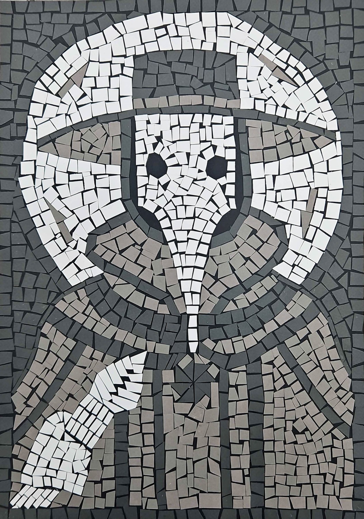 Hand-cut paper mosaic of an elephant's head, in black, white and grey