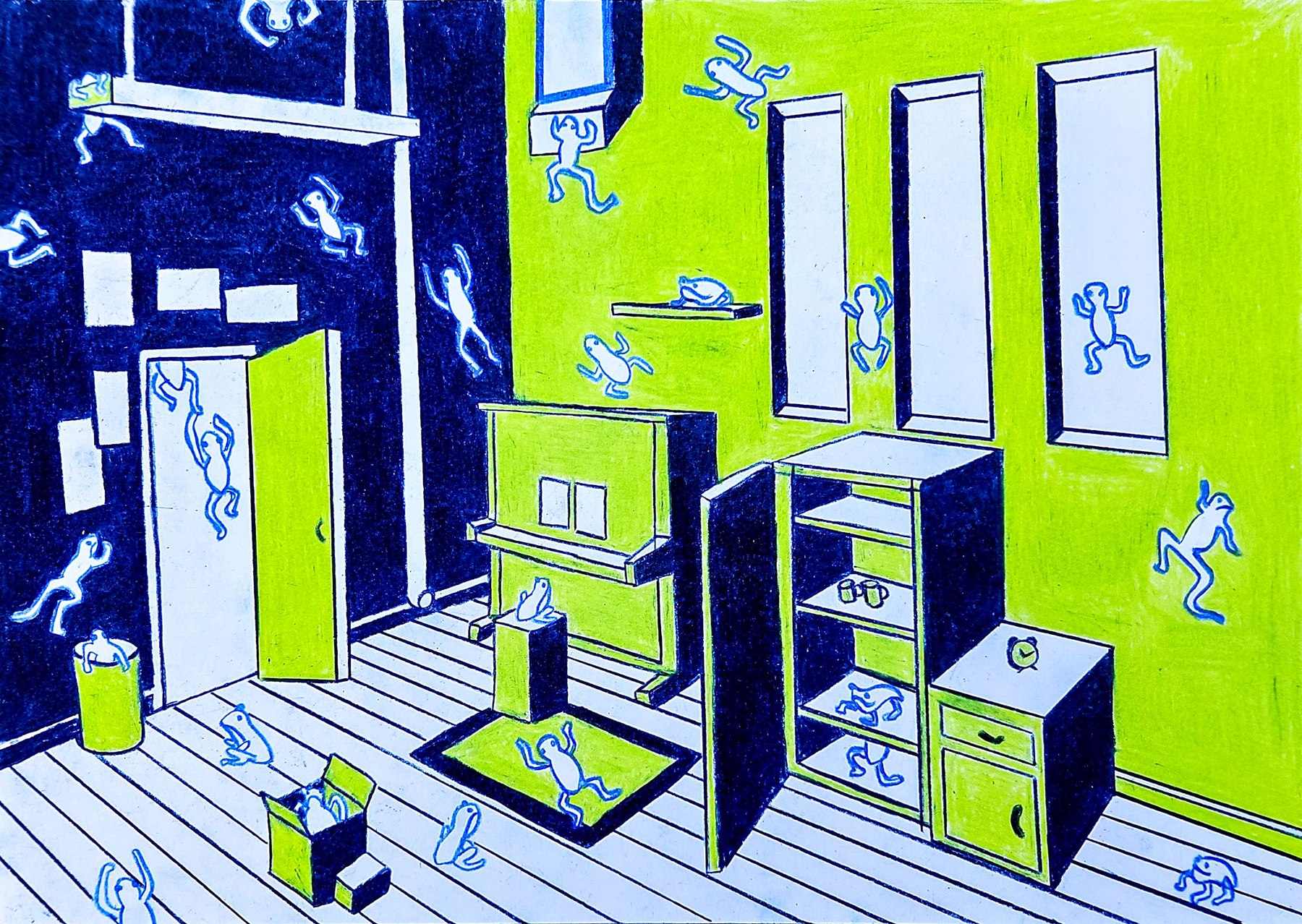 Colored pencil drawing of a bedroom overrun with blue frog figures climbing the walls and furniture