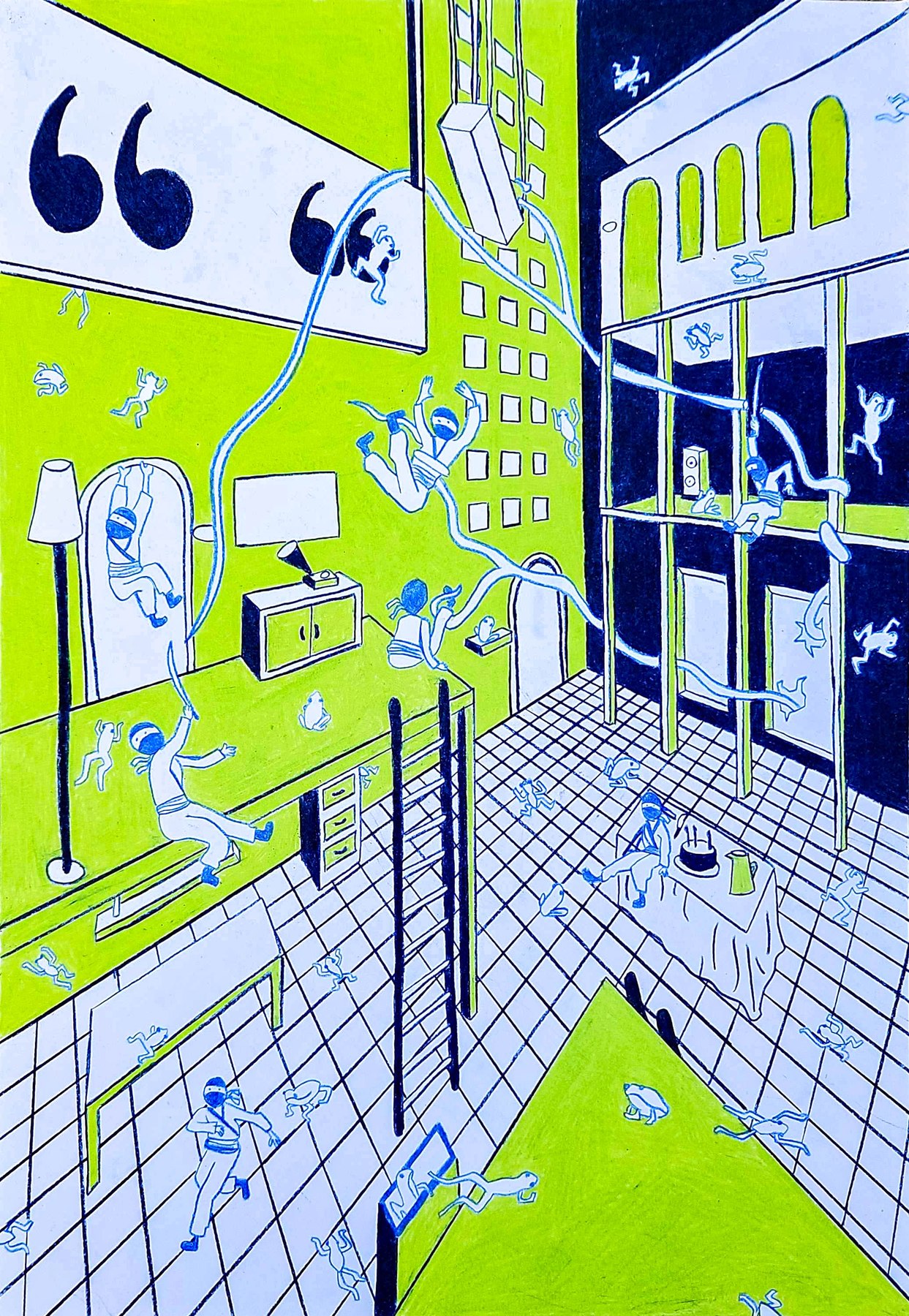 Colored pencil drawing of masked figures rappelling past city buildings and giant quotation marks