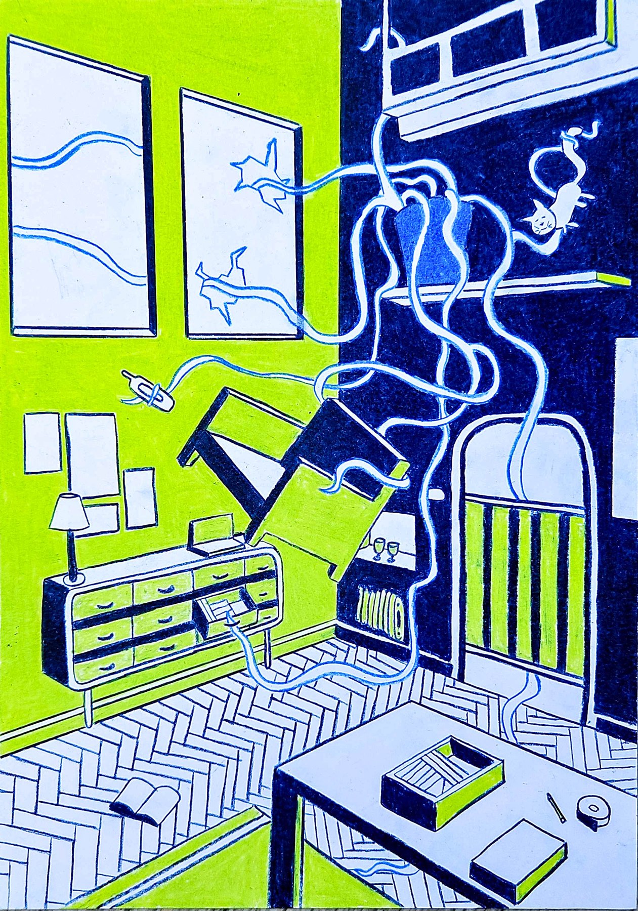 Colored pencil drawing of a room with tangled cables, a climbing plant, and a cat on a shelf