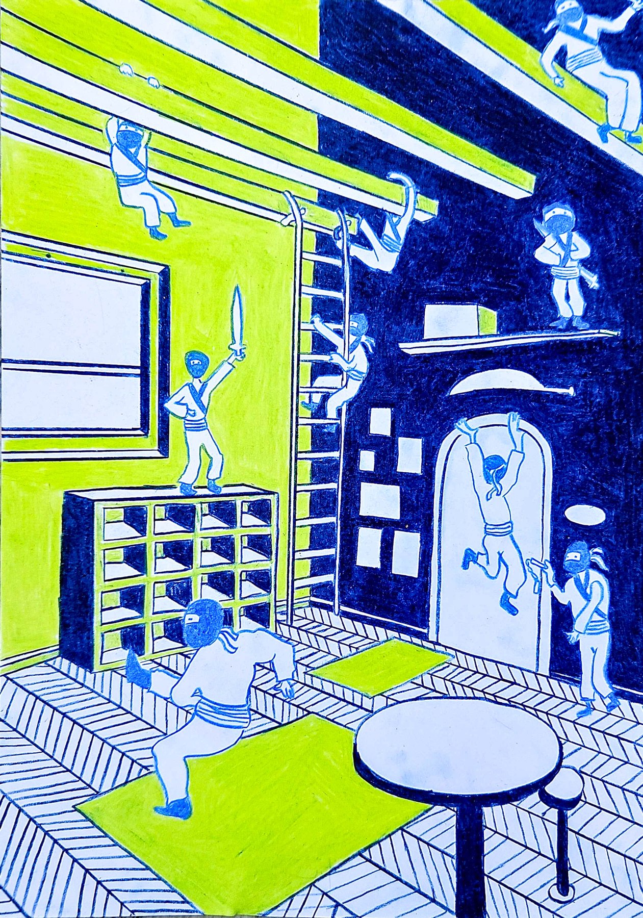 Colored pencil drawing of masked figures climbing ladders and doorways inside a house