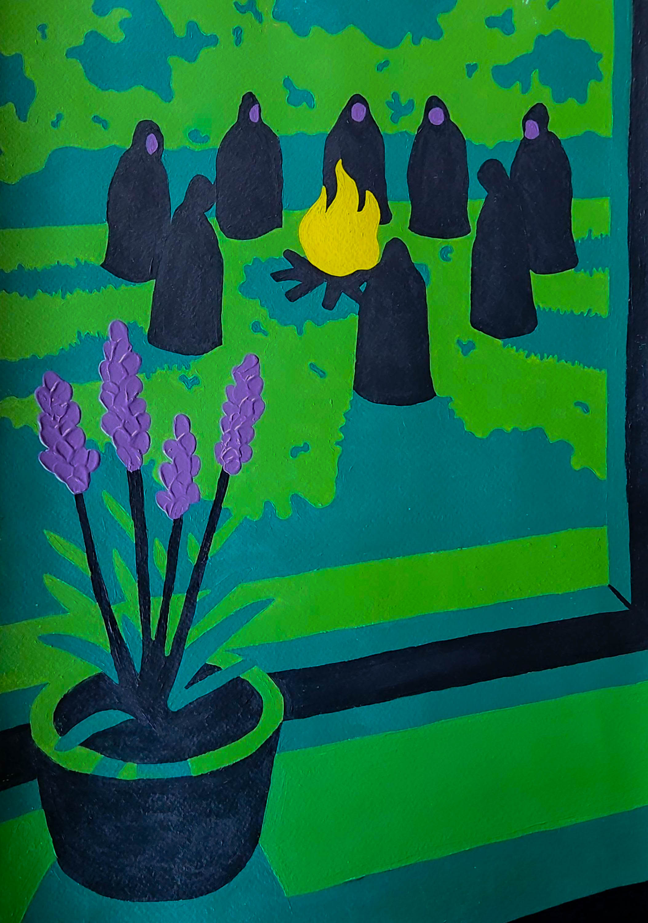 Acrylic painting of hooded figures around a campfire, seen through a window past a potted lavender plant