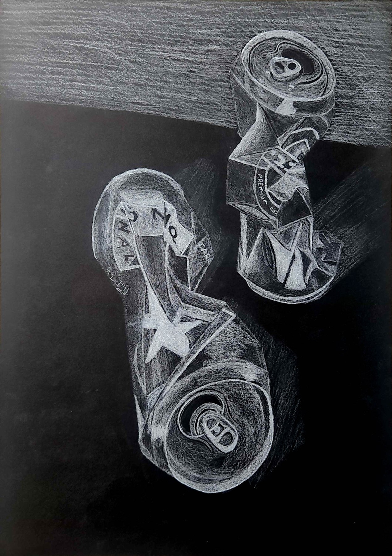 White pencil drawing of two crushed soda cans on black paper