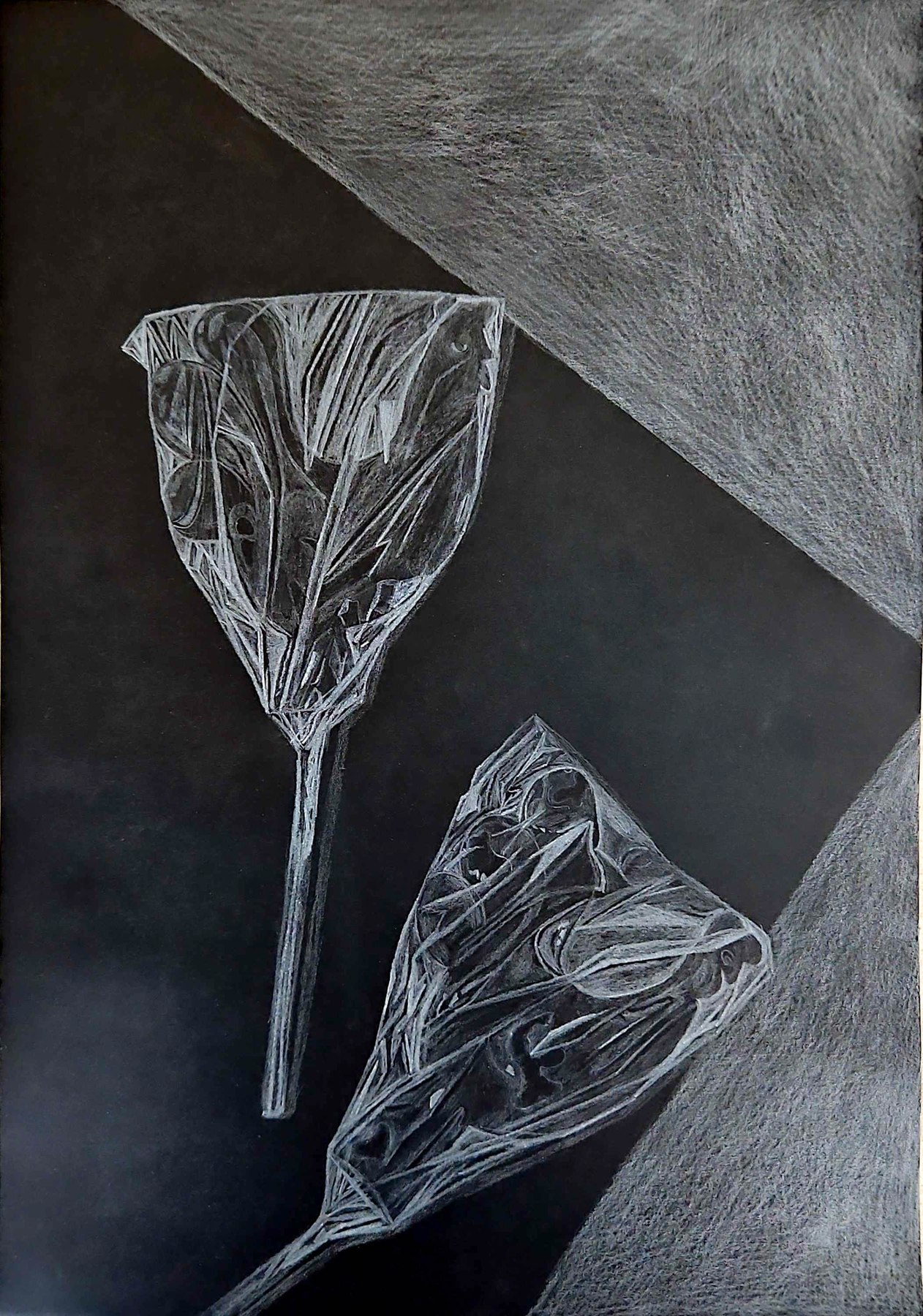 White pencil drawing of two twisted cellophane candy wrappers on black paper