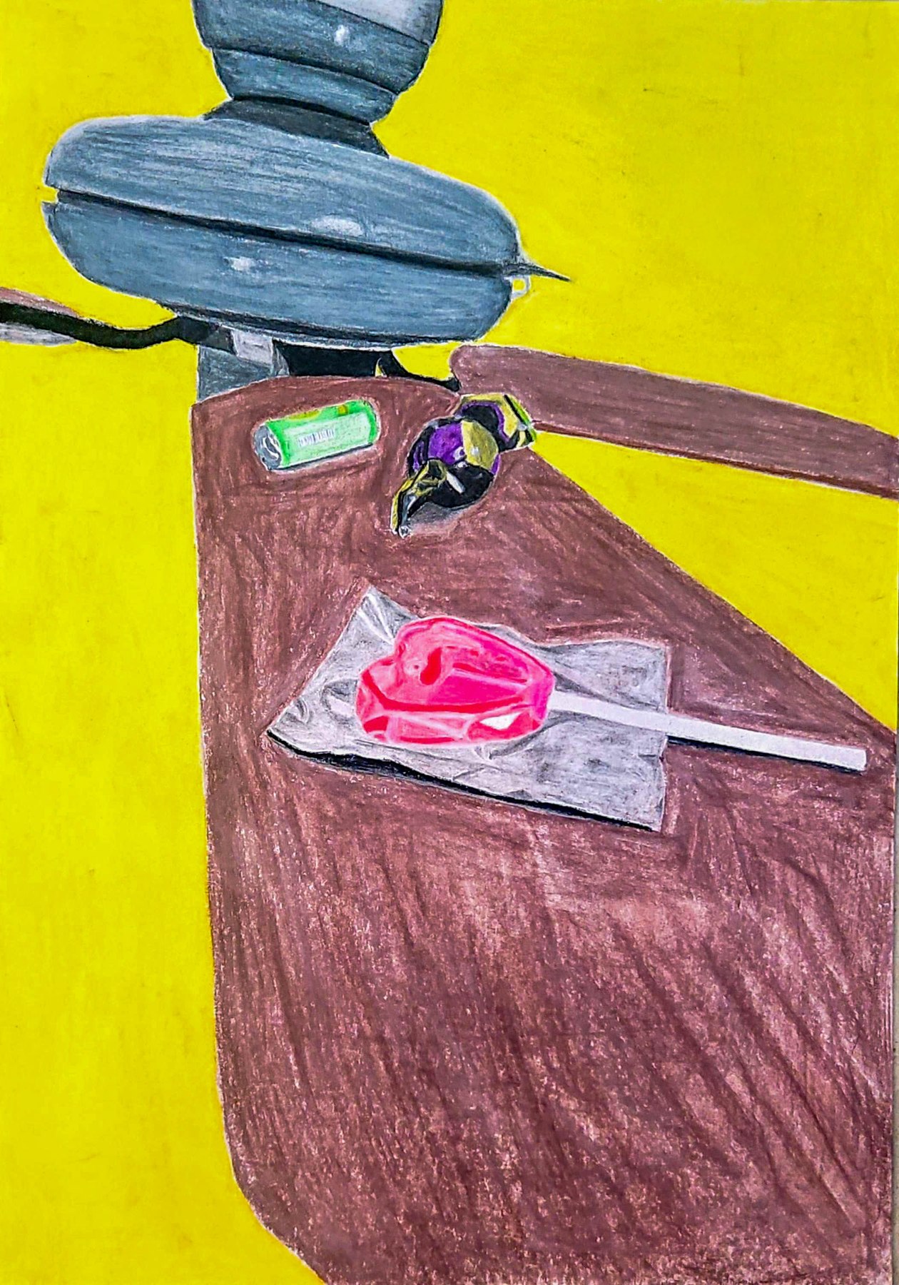 Soft pastel still life of a toy bird figure with a lollipop on a wooden board, yellow background