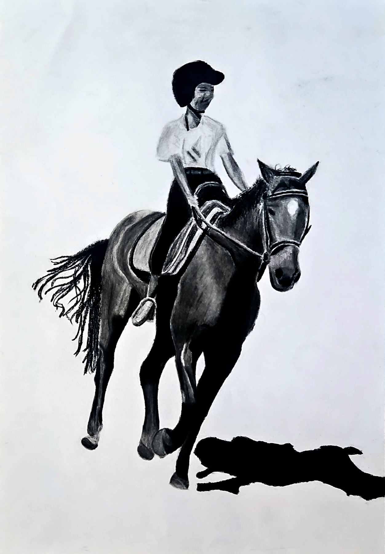 Charcoal drawing of a rider on a cantering horse
